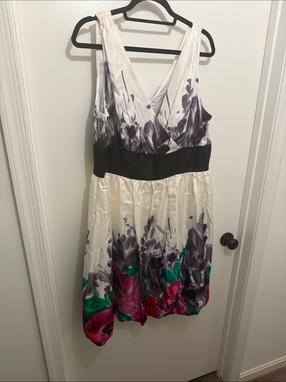 Suzi Chin for Maggy Boutique Ivory Floral V-Neck Dress with Black Waistband